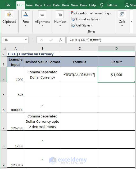Example currency - Excel Text Formula