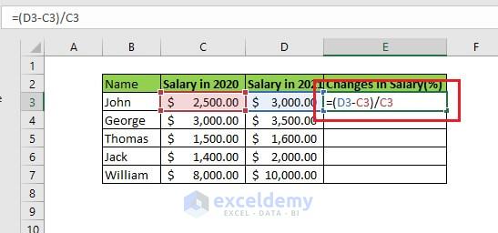 Select the first cell of changes in salary and Enter the formula in E3 cell =(D3-C3)/C3, then press enter.