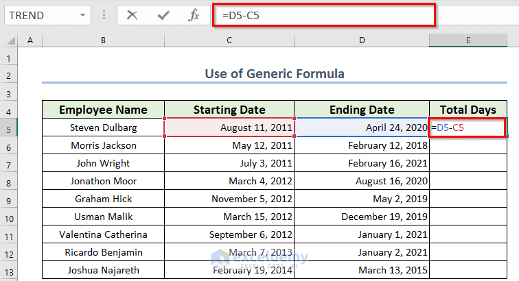 Use of Normal Subtraction Excel Formula to Count Days from Date