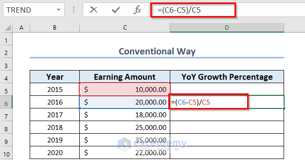 Conventional Way to Calculate Year over Year Percentage Change in Excel