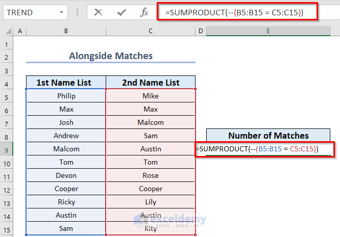 Using SUMPRODUCT to Count Matches Alongside in Two Columns in Excel