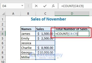 Enter the formula using Count function in cell D4