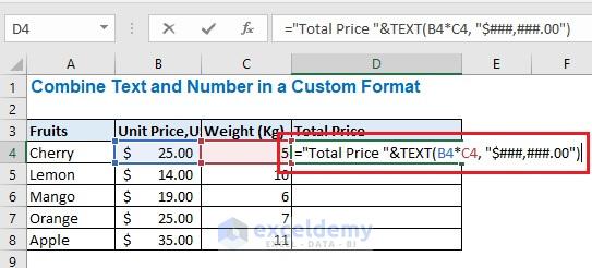 Enter the formula using Text function in cell D4