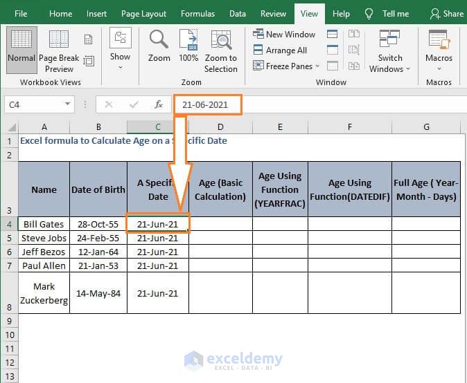 Date Insert Manually -Excel formula to Calculate Age on a Specific Date