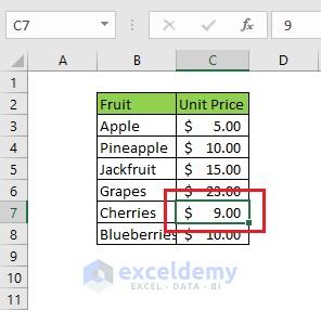 Change any fruit’s Unit Price. I have changed the Cherries Unit Price from $14 to $9.