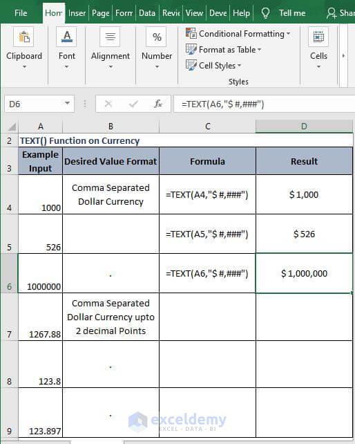 Examples of Currency formation - Excel Text Formula