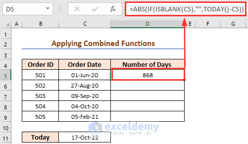 Use of Combined Functions to Calculate Number of Days to Calculate Number of Days Between Today and Another Date 