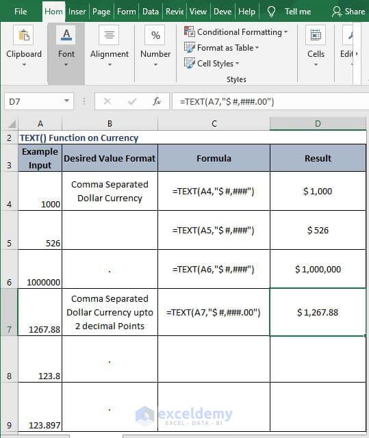 Example of Decimal Currency - Excel Text Formula