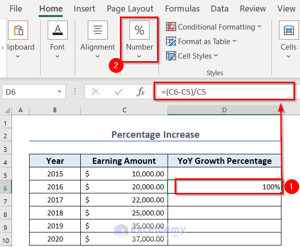 Calculate Year over Year Percentage Increase in Excel