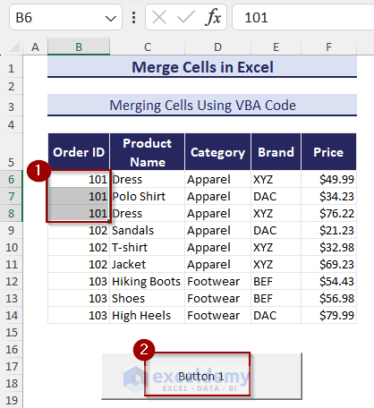 Using button to merge cells