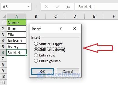 Select the Shift cells down option