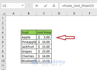 Go to the workbook from where you want to link the data. Like here Fruis_Unit_Price workbook. And select any cell and press enter.