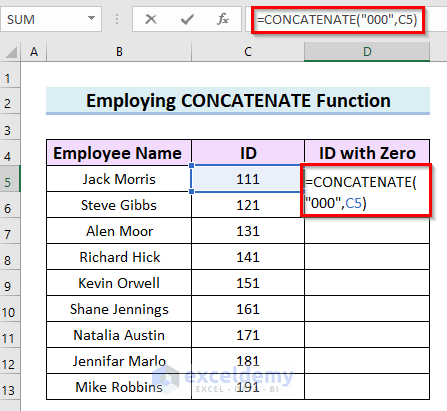 Add CONCATENATE Function to Place Leading Zeros in Excel