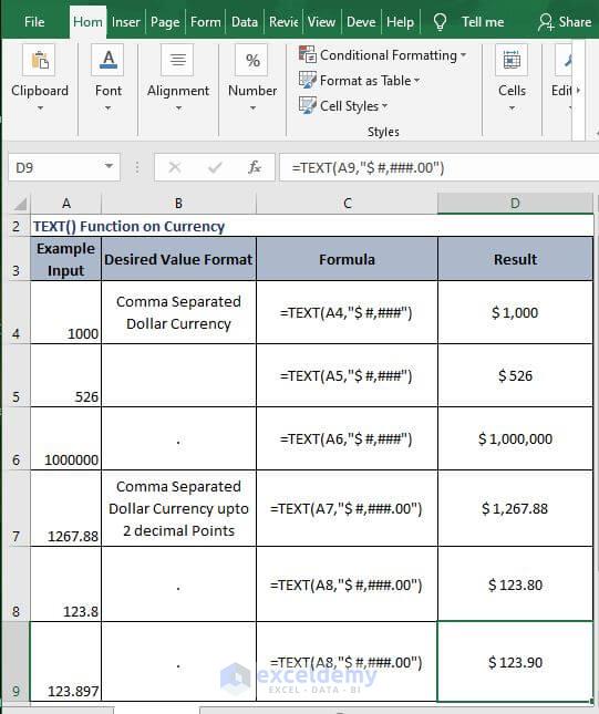 Examples Currency Decimal - Excel Text Formula