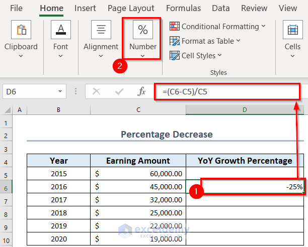 Calculate Year over Year Percentage Decrease in Excel