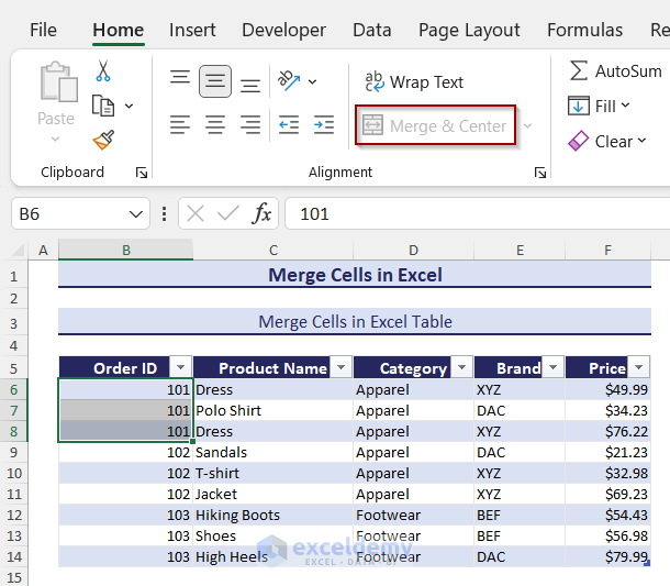 Merge & Center feature grayed out in Excel table