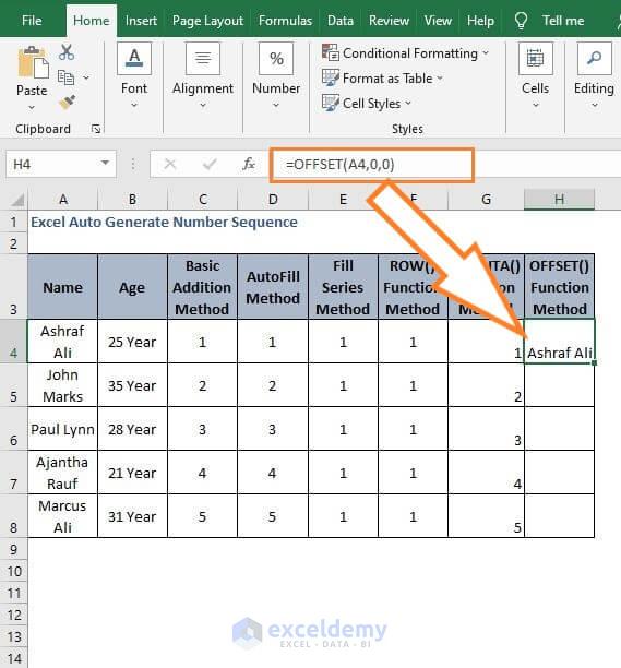 OFFSET result - Excel Auto Generate Number Sequence