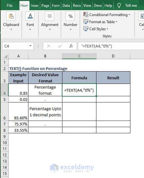 Percentage formation formula - Excel Text Formula