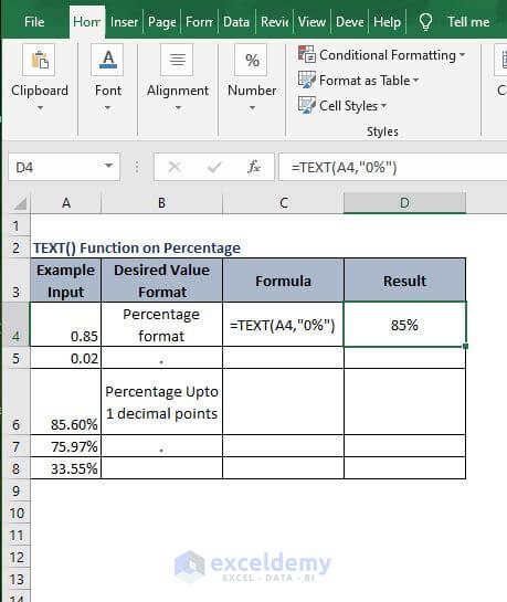 Example of Percentage formation - Excel Text Formula