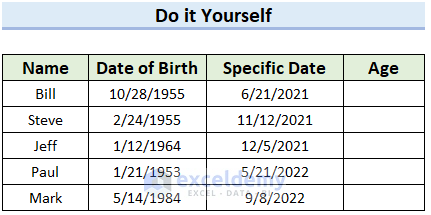 Practice Sheet for Excel Formula to Calculate Age on a Specific Date in Excel