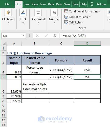 Examples Percentage formation - Excel Text Formula