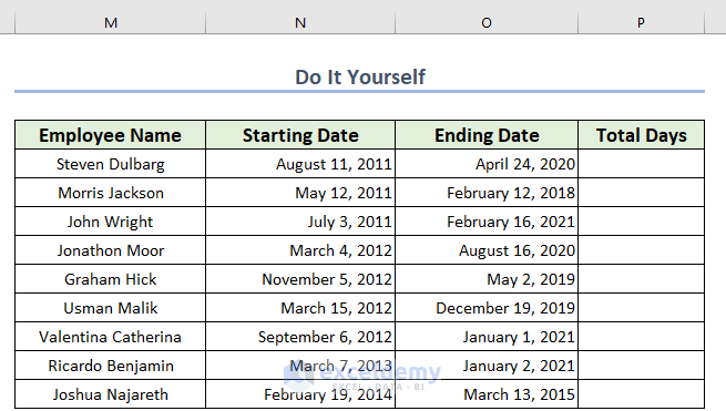 Practice Section for Excel Formula to Count Days from Date