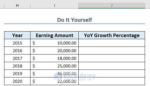 Practice Section for How to Calculate Year over Year Percentage Change in Excel