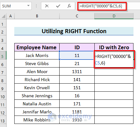 Add Leading Zeros Utilizing RIGHT Function in Excel