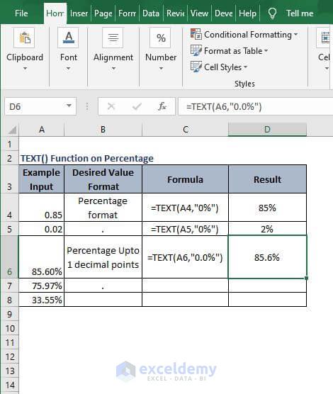 Percentage decimal example - Excel Text Formula