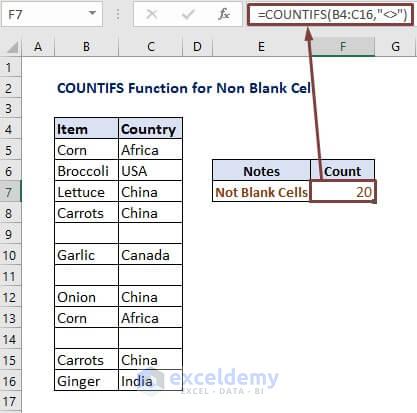COUNTIFS function to count cells that are not blank in excel