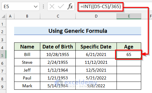 Using Generic Formula with INT Function in Excel Formula to Calculate Age on a Specific Date