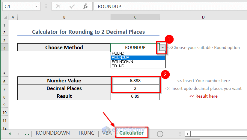 Creating Calculator to round to 2 decimal places in Excel