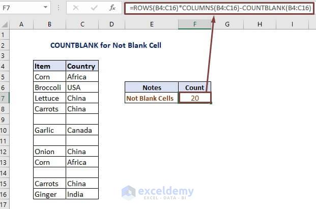 COUNTBLANK function to count cells that are not blank in excel