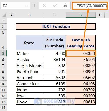TEXT Function for Converting Number to Text with Leading Zeros