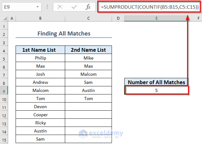 Combining SUMPRODUCT & COUNTIF to Count All Matches in Two Columns in Excel