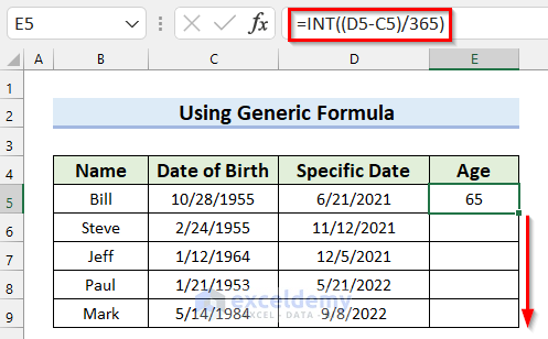 Dragging Fill Handle to Copy Excel Formula to Calculate Age on a Specific Date