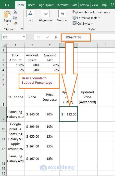 Basic Formula Subtracting Percentage - Subtract a Percentage in Excel