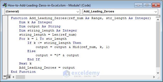 VBA Code to Create a User Defined Function to add a Leading Zeros in Excel