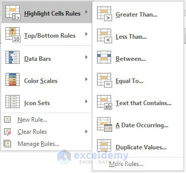 Highlight Cells Rules option is clicked in Excel