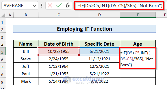 Employ IF Function to Calculate Age on a Specific Date in Excel Formula
