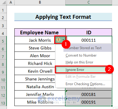 Removing Error Warning to Add Leading zeros in Excel