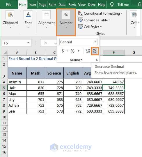 Decrease Decimal - Excel Round to 2 Decimal Places