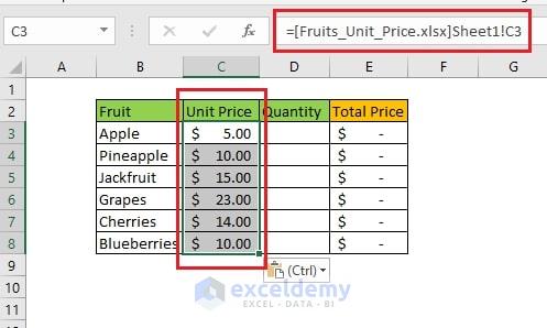 All the cells will be copied from Fruits_Unit_Price, and the formula will be like this picture