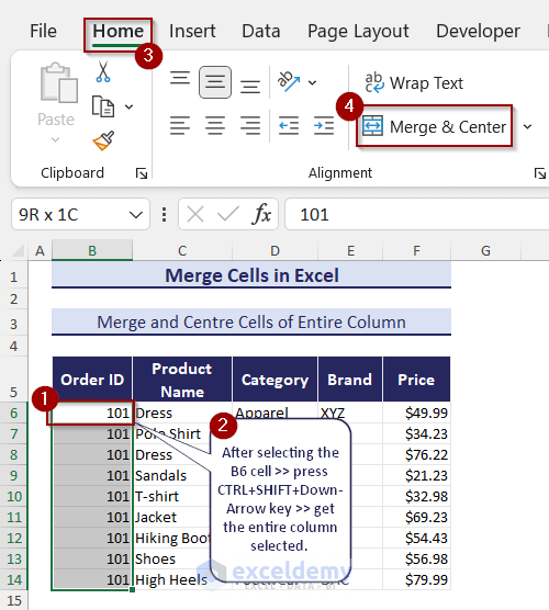 Merge and Centre Cells of a Column in Excel