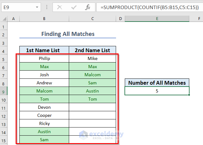 Result for using SUMPRODUCT & COUNTIF to Count All Matches in Two Columns in Excel