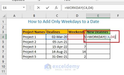Enter the formula =WORKDAY(C4,D4) in E4 cell