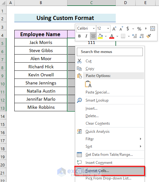 Add Leading Zeros with Custom Format in Excel