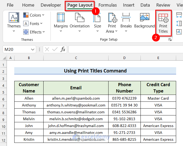 Print Selected Cells in Excel with Print Titles Command