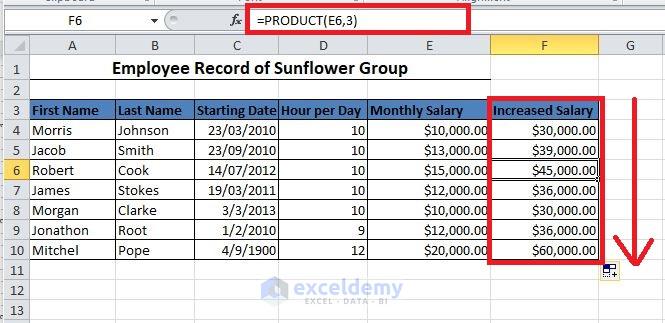 Dragging the Fill Handle to Multiply a Column in Excel by a Constant