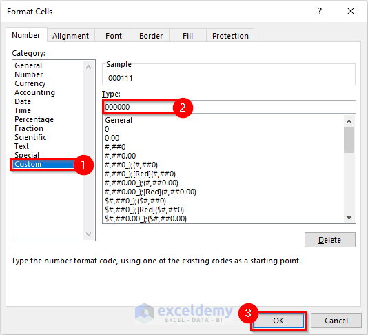 Format Cells Dialog Box to add Leading Zeros in Excel